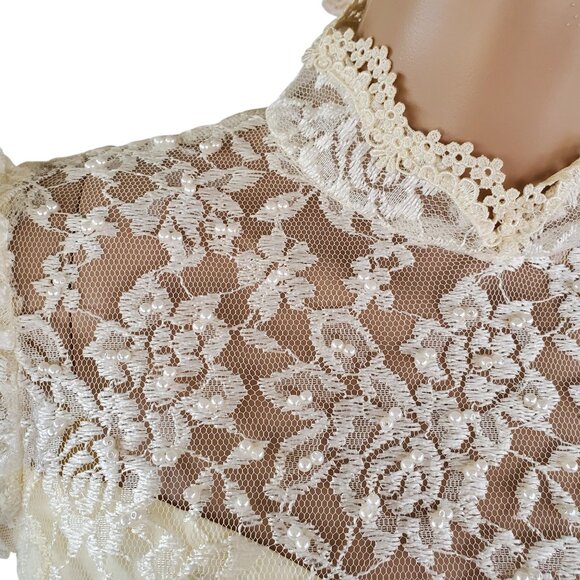 Vintage Victorian Wedding Dress XS Maxi Cream Lace Beads Tulle Lined Zip USA - Picture 12 of 15